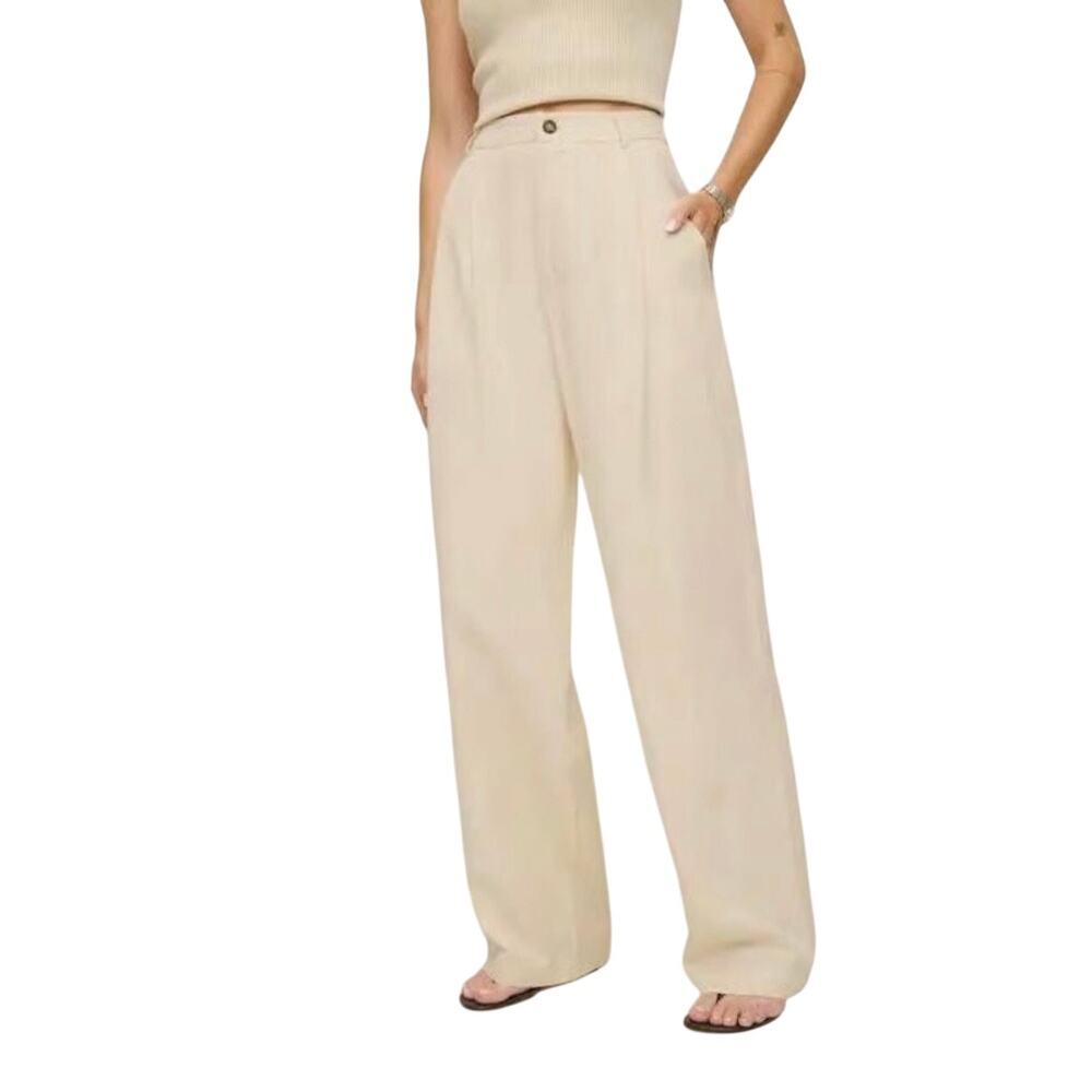 Reformation Jackson Cargo‎ Pant Size 6 Cream Pleated High Rise Straight Tencel